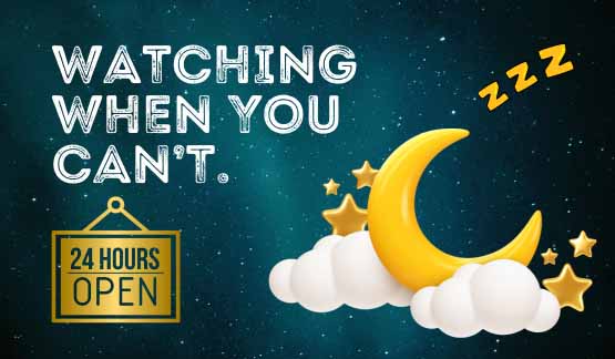Night sky graphic with moon, stars, and the phrase "Watching When You Can’t" representing 24-hour security guard service.