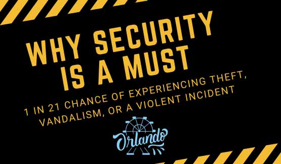 Bold text reads 'Why Security Is a Must' with subtext stating '1 in 21 chance of experiencing theft, vandalism, or a violent incident' against a black background with yellow hazard stripes and an Orlando logo.