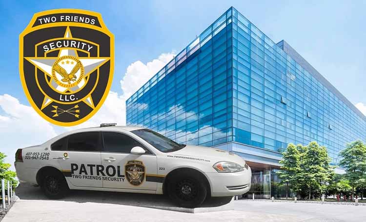 Two Friends Security LLC patrol vehicle in front of a modern office building, with the company's official logo displayed.