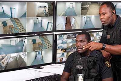 Two security officers monitoring multiple surveillance camera feeds in a security control room.
