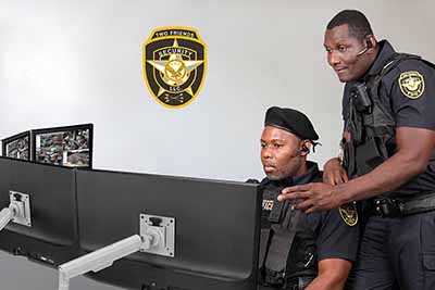 Two professional security officers monitoring surveillance footage in a government security control room.