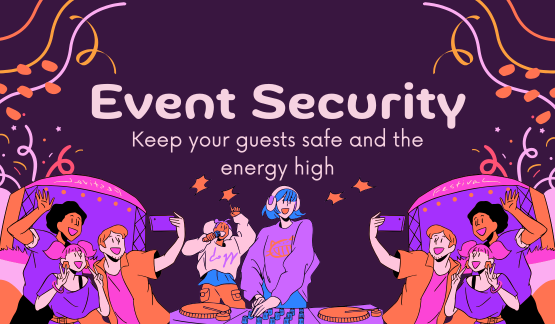 Colorful illustration showing a DJ and dancing guests at a lively event, promoting professional and approachable event security services in Orlando.