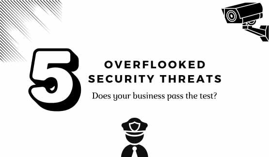 Illustration highlighting 5 overlooked security threats businesses face, with icons representing security guards in Orlando, Florida.