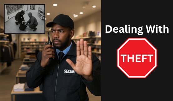 Security guard in a retail store monitoring theft via surveillance camera