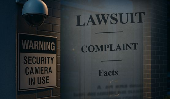 Security camera footage view of a business entrance with legal overlay elements