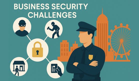 Security guard illustration with icons representing common business security threats like theft, vandalism, and unauthorized access.