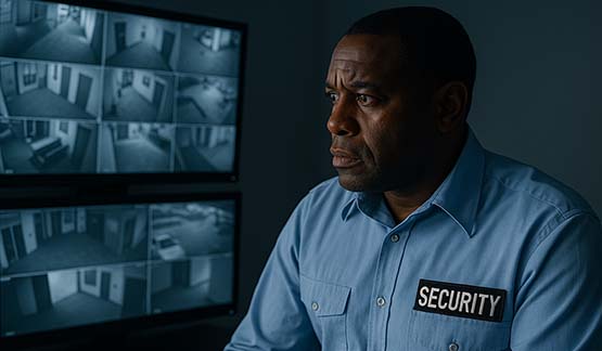 A security guard watching surveillance monitors in a control room