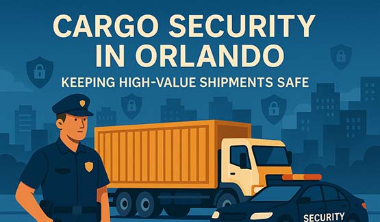 Security guard and escort vehicle protecting a cargo truck in Orlando, symbolizing cargo security and shipment protection.