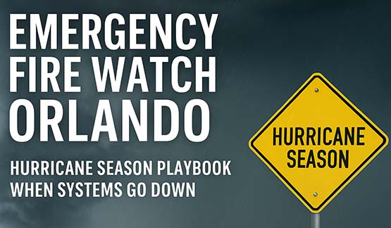 Emergency Fire Watch Orlando hurricane season graphic with storm background and yellow hurricane season sign.