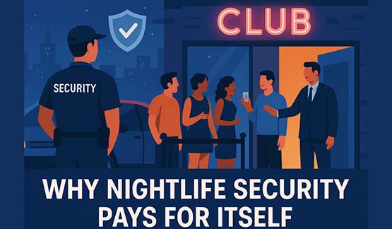Security guard overseeing guests at a nightclub entrance in Orlando, ensuring safety while patrons line up under a neon sign.