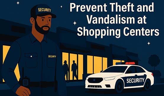 Flat-style digital illustration of nighttime plaza security with uniformed guard and patrol vehicle.