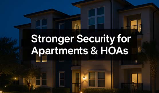 Stronger Security for Apartments & HOAs graphic with Florida apartment community background