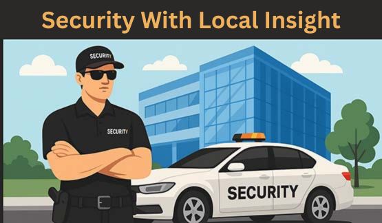 Illustration of a security guard and marked patrol car outside an office—“Security With Local Insight” for a local Orlando security guard company.