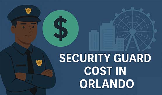 Illustration of a security guard with a dollar sign and Orlando city skyline, symbolizing security guard cost in Orlando.