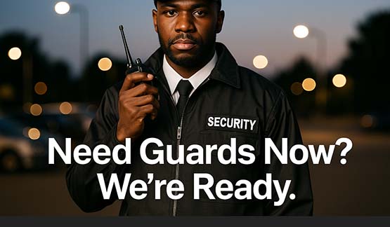 Licensed security officer standing beside a patrol vehicle at night in Orlando, symbolizing 24-hour emergency security guard response.