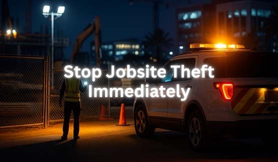 Lake Nona construction site security patrol at night with SUV and officer inspecting gate.