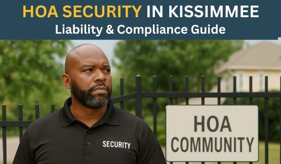 Black security officer standing in front of a gated HOA community in Kissimmee, representing HOA security and compliance.