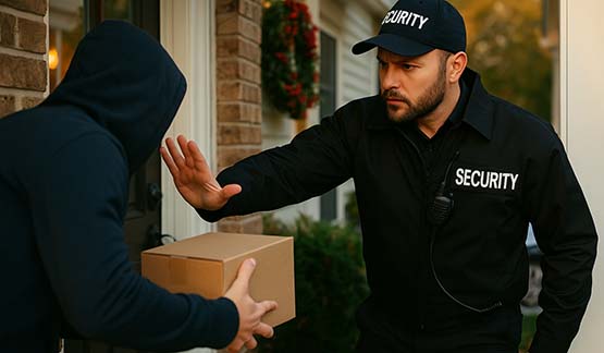 Security guard stopping a thief from stealing a delivery package at a Central Florida apartment complex during the holiday season at night.