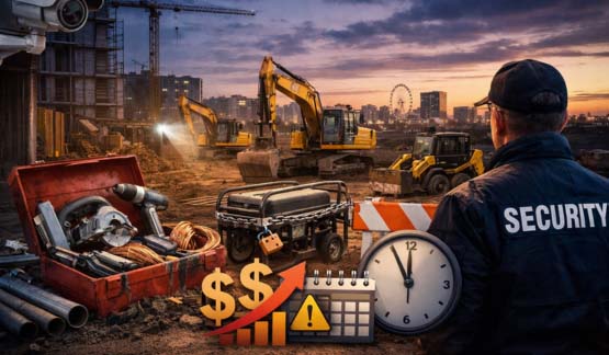 Construction site at dusk with tools, equipment, and security guard illustrating risks of construction site theft