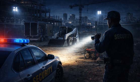 Security guard performing a night patrol at a construction site with a patrol vehicle and equipment under floodlights.