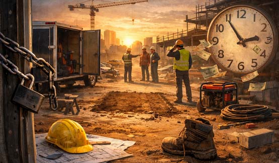 Construction workers discover missing equipment at a jobsite, illustrating the costly impact of construction site theft and project delays.